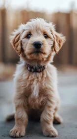 Soft golden puppy sitting bright-eyed in gentle sunlight.