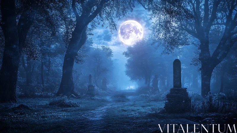 Moonlit forest path with gravestones under dense blue haze.