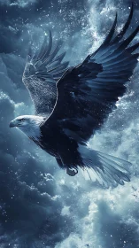 Stormlit bald eagle soars through luminous cloud break.