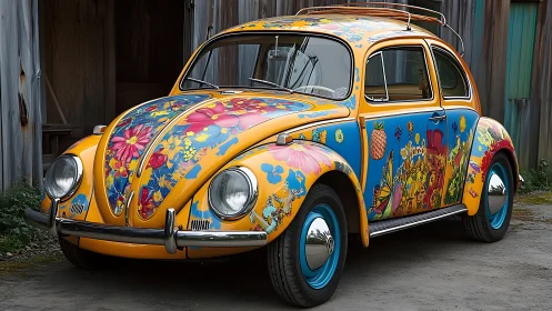 Vintage yellow Beetle with floral multicolor exterior livery.