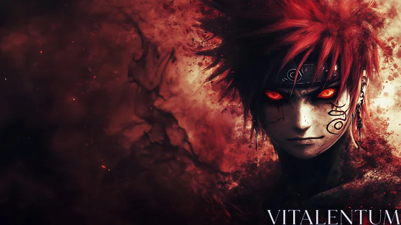 Red eyed anime warrior stares forward through swirling embers