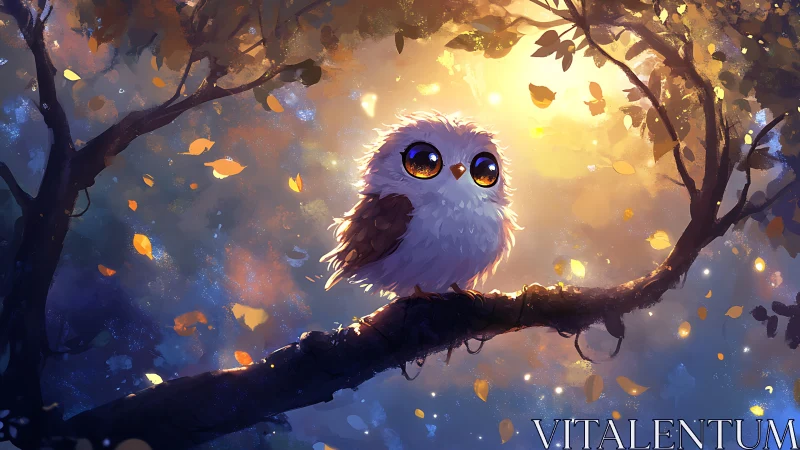Cute Fluffy Owl on Tree Branch in Magical Evening Forest Artwork.
