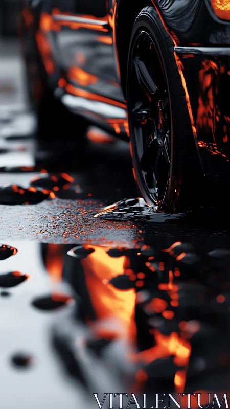 Sleek black sports car glows against wet asphalt at night
