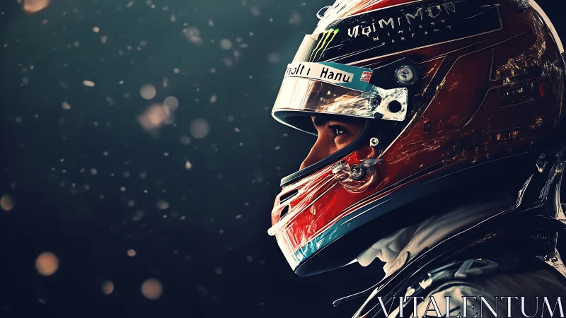 Racing driver portrait in profile with illuminated helmet.