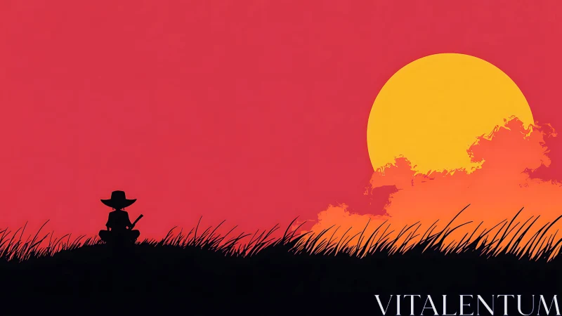 Silhouetted figure in grass before large sun at horizon.