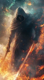 Hooded firewalker strides through stormlit embers with twin blades