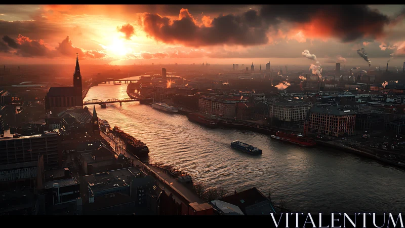 River of firelit clouds slices through an industrial dusk