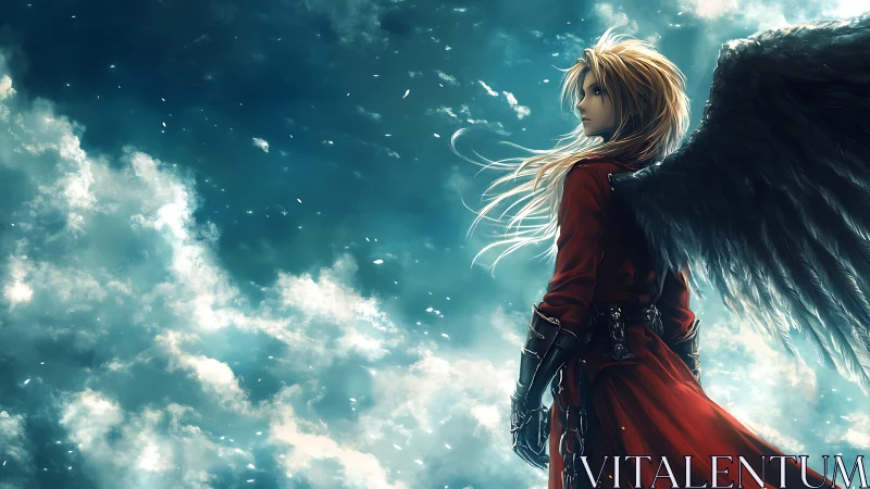 Stormlit sky guardian with dark wings and ember red coat.