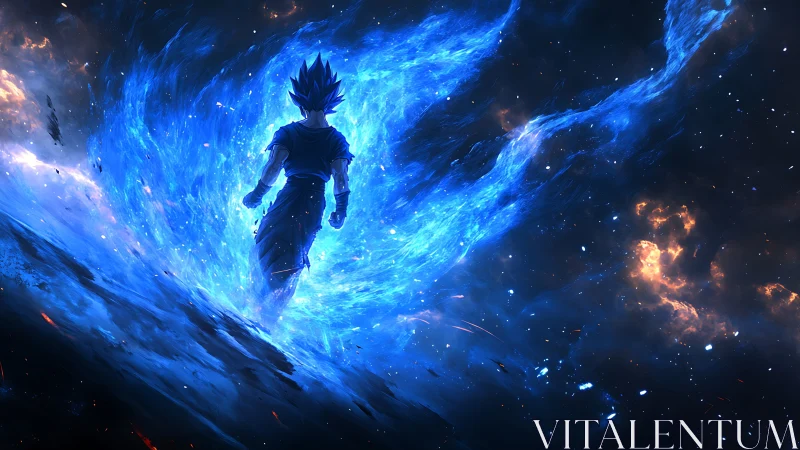 Backlit warrior silhouette radiates high-energy blue plasma aura