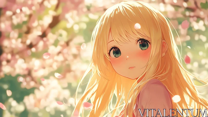 Golden-haired anime girl gazes softly beneath spring blossoms.