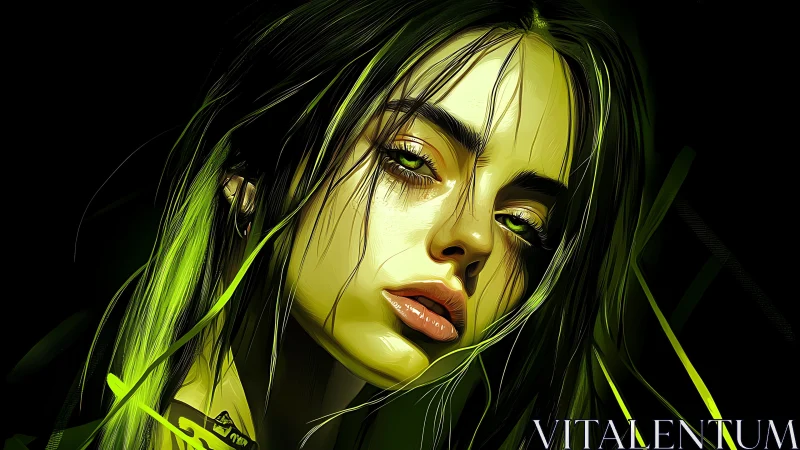 Neon green digital portrait captures intense female gaze