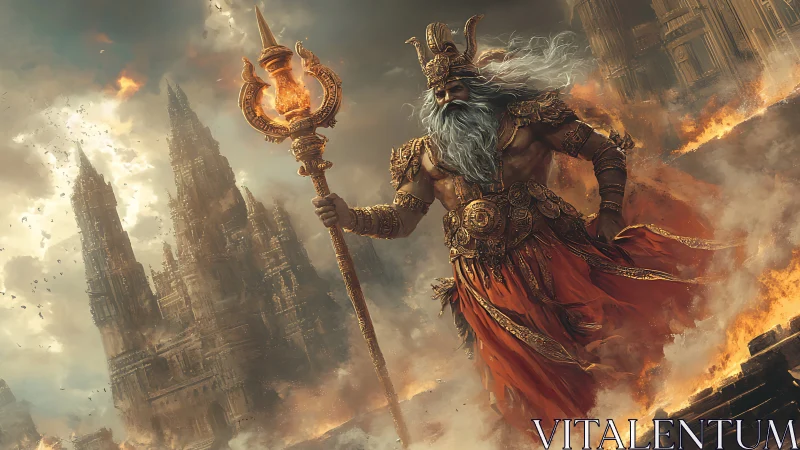 Colossal mythic warlord traversing incendiary ruined citadel.