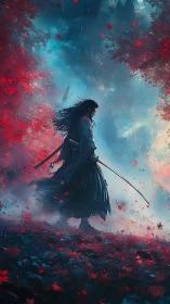 Stormlit ronin wandering through crimson autumn embers.