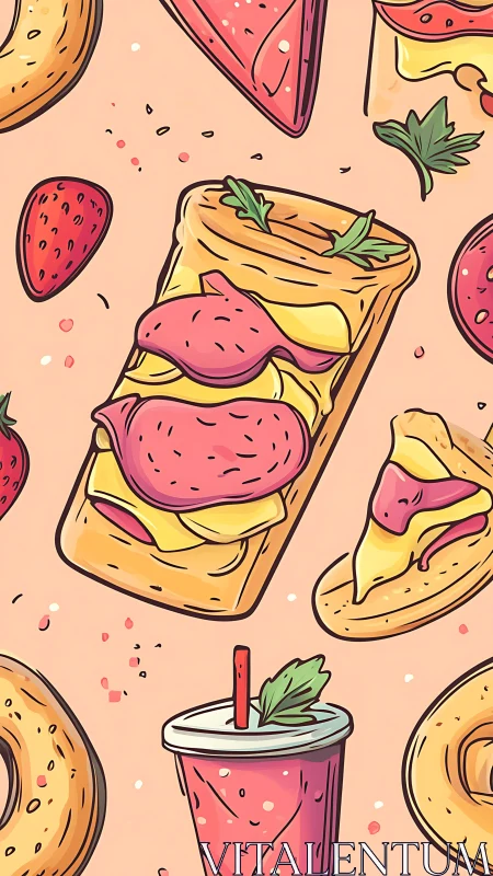 Cartoon fast food pattern with snacks and drinks.