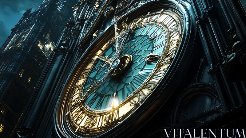 Oblique nocturnal view of neo‑gothic luminous tower clock.