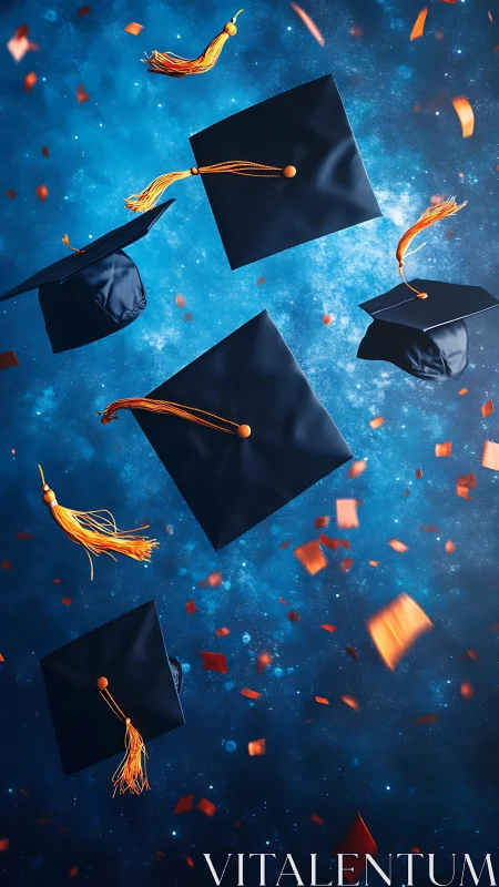 Graduation caps with orange tassels flying in blue sky.