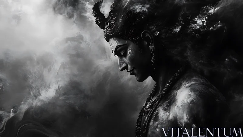Serene smoky deity in quiet, contemplative black and white.