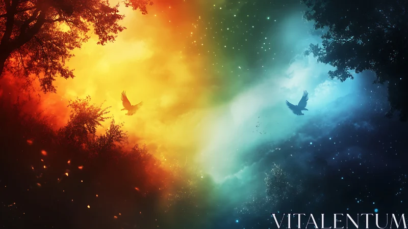 Bilateral sky gradient maps fire and night with silhouetted birds