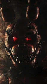 Rust-bitten nightmare rabbit grins through burning red eyes