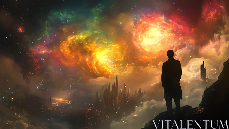 Silhouetted figure overlooking luminous nebula and cityscape.