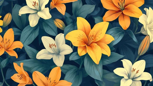 Lilies and foliage layered composition with yellow and orange tones