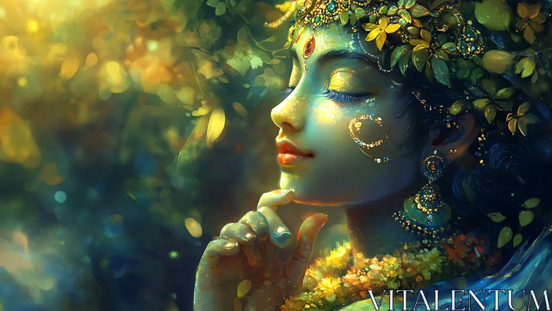 Ethereal forest goddess rests in glowing golden serenity