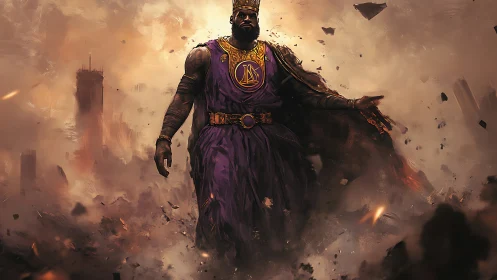 Storm-forged warrior king strides through crumbling ruins