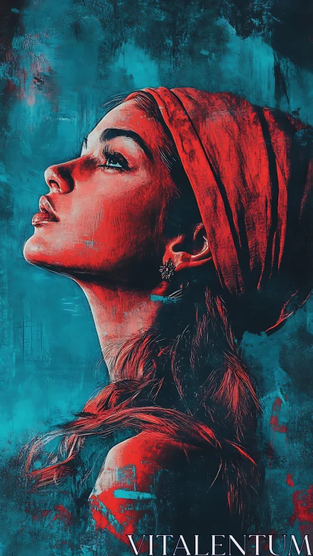 Crimson headscarf and quiet dreams against teal skies.