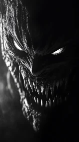 Monochrome demonic creature portrait with glowing eyes.