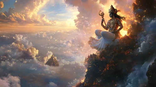Divine figure meditates above glowing mountains and clouds.