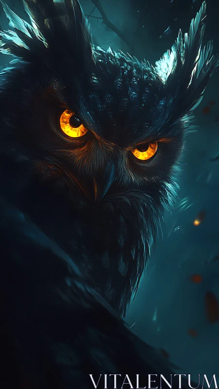 Bioluminescent-eyed owl in high-contrast nocturnal close-up profile