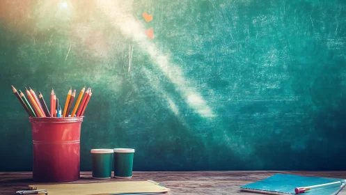 Colored pencils and notebooks are arranged before a chalkboard