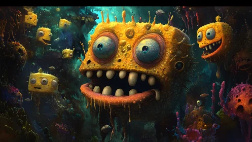 Cheerful underwater monsters share a goofy, wide-eyed grin