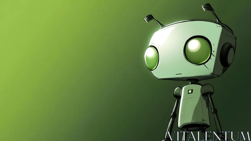 Lonely green-eyed robot on luminous gradient field.