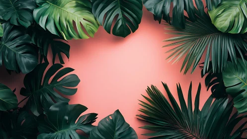 Tropical green leaves framing empty soft coral background.