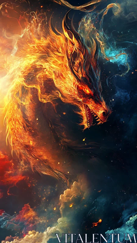 Fiery dragon form amid contrasting cosmic color fields.