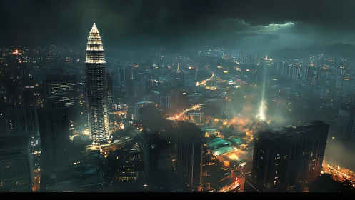 Nighttime city skyline shows illuminated tower in heavy haze