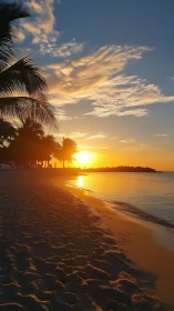 Golden sunset gently warms a quiet tropical beach shoreline