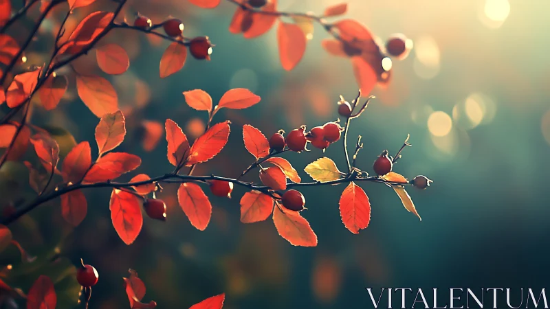Autumn branch with red leaves and berries, soft dreamy bokeh.