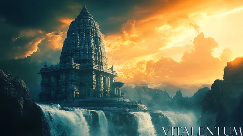 Ancient stone temple rises above cascading waterfall at sunset