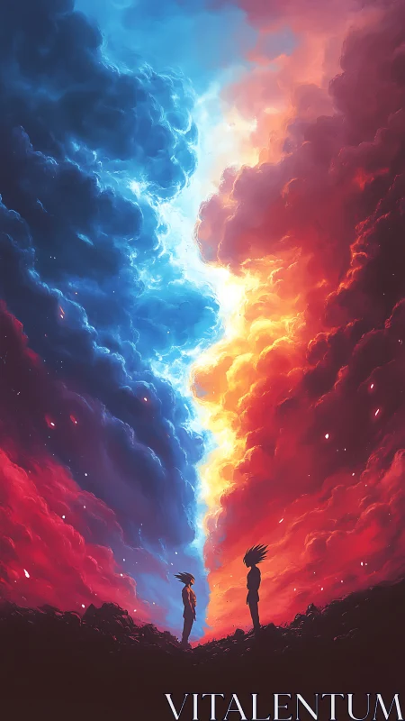 Silhouetted figures below divided red and blue storm clouds.