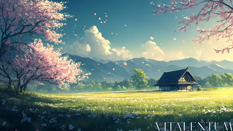 Tranquil farmhouse rests beneath cherry blossoms and peaks