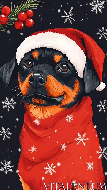 Digital portrait of Rottweiler puppy in Santa hat and scarf