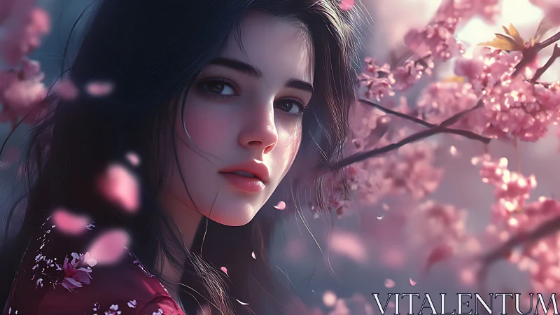 Soft focus digital portrait unites feminine gaze and sakura bloom