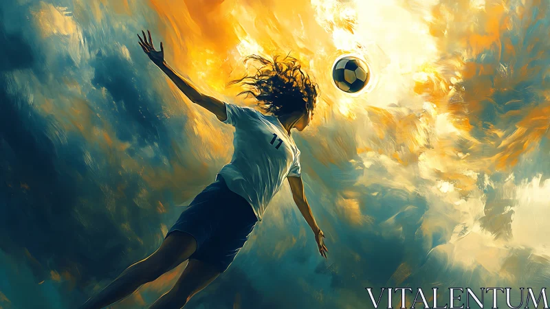 Soccer player moves toward airborne ball in painted sky
