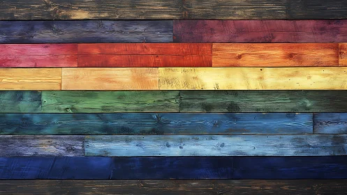 Horizontal rainbow stained wooden planks in rows.