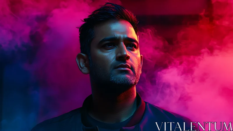 Stoic man framed by neon magenta and cyan smoke clouds.