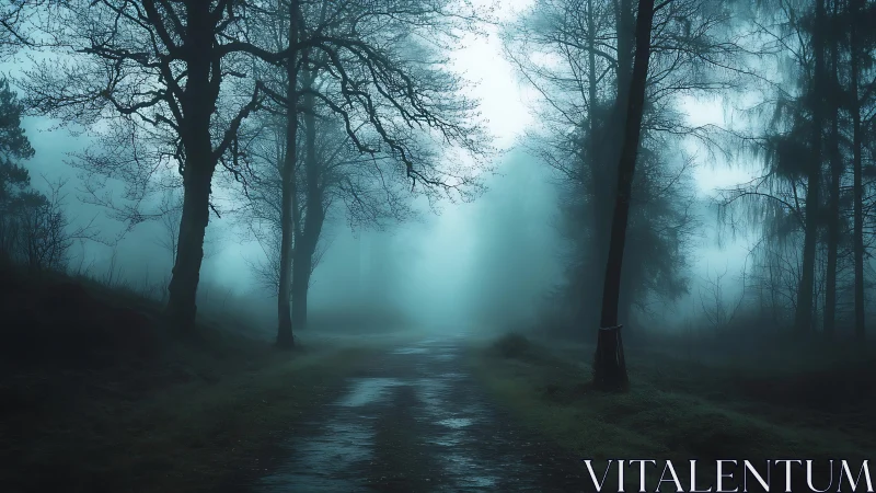 Foggy forest path with tall leafless trees in dim light.