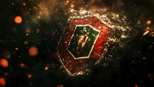 Fiery shattered shield emblem in dark cinematic space.