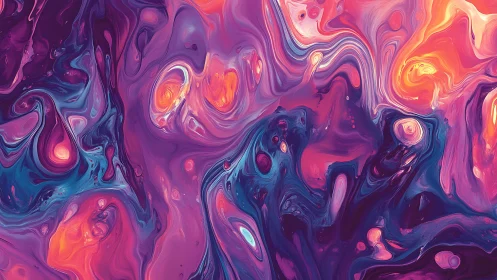 Vibrant fluid abstract with swirling neon marbled forms.
